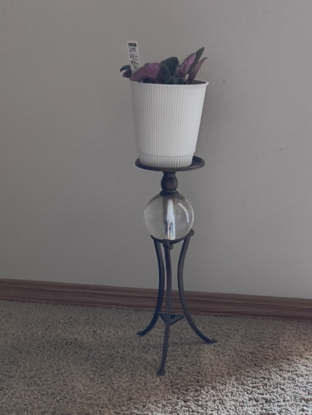 Metal and Glass Plant Stand with White Ribbed Planter - Unbranded